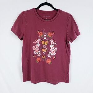 Lucky Brand Graphic Tee Womens M Butterflies Floral Moon Red Short Sleeve